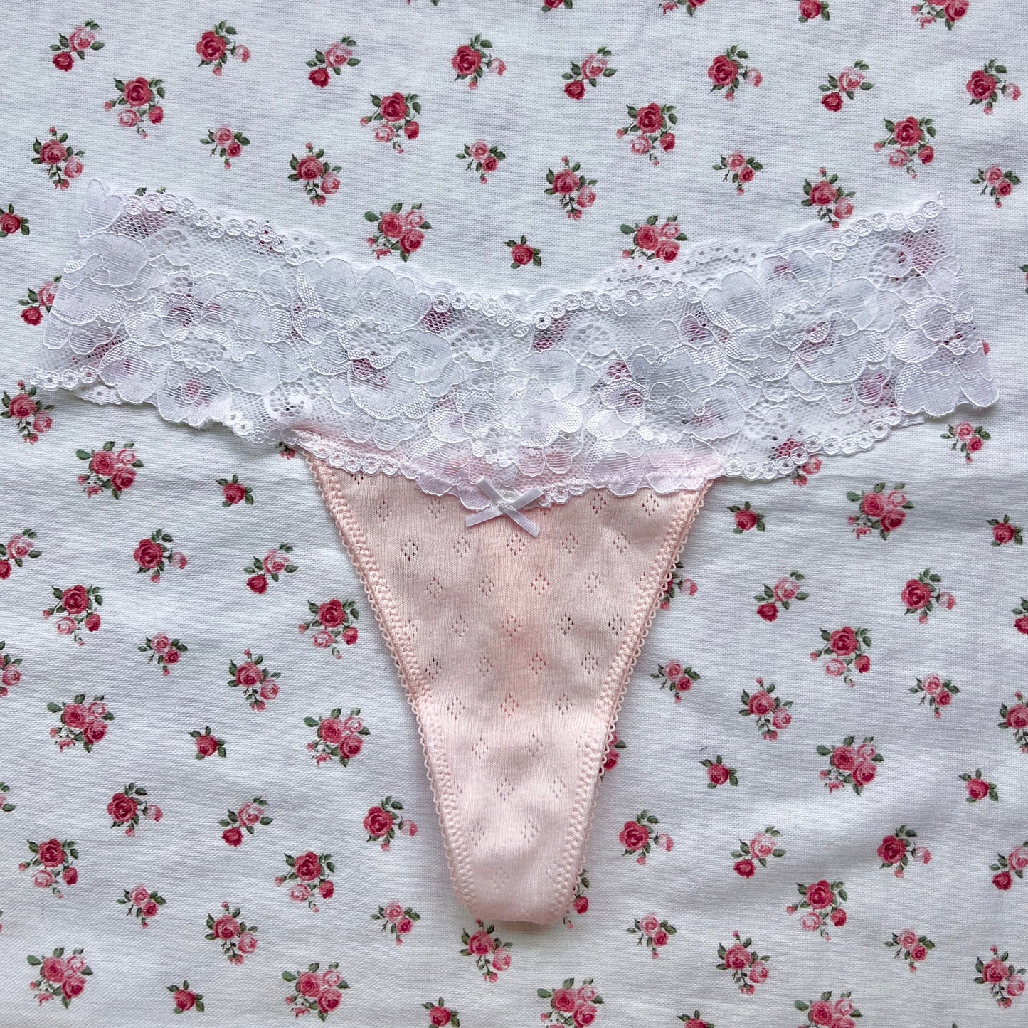 Pink Pointelle Cotton Thong (S)