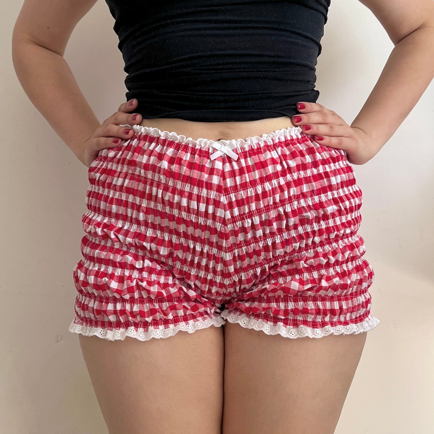 Red Gingham Cotton Shorts (M/L) - high waist