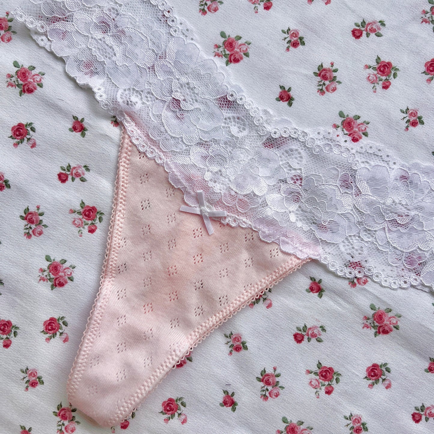 Pink Pointelle Cotton Thong (S)