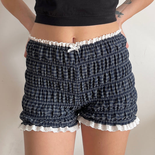 Navy Check Cotton Shorts (XS/S)- high waist
