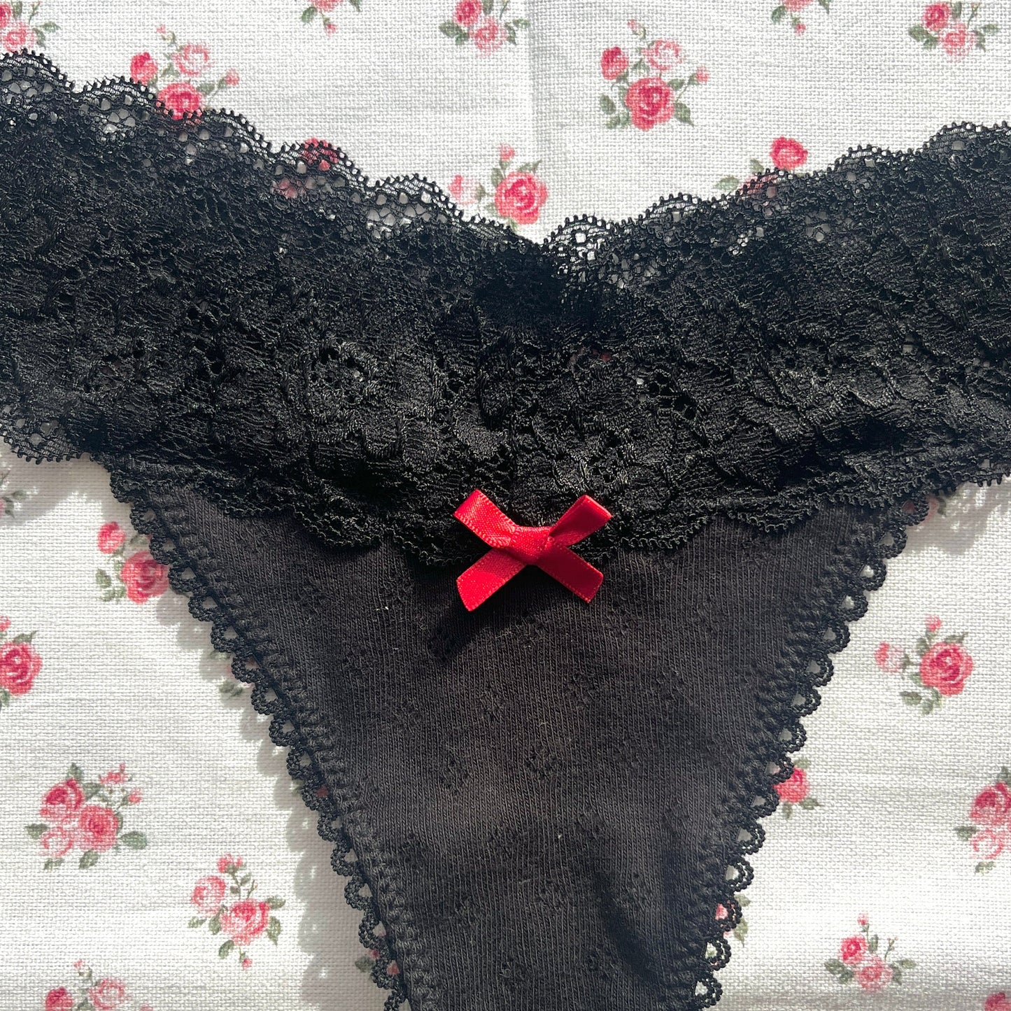 Black Pointelle Cotton Thong (S)